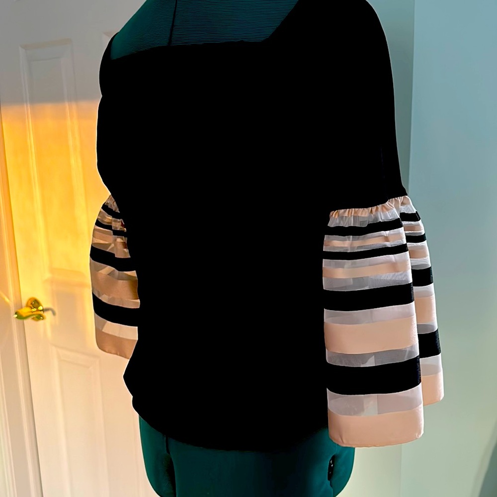 Black with bell sleeves. Sleeves are gold , black on a shear material.